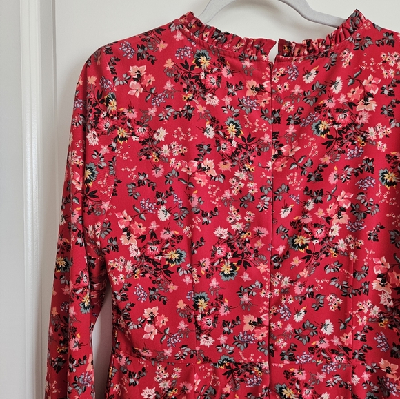 Loft Red Floral Primrose Ruffle Trim Tie Neckline Flare Long Sleeve Dress Size 8 - Picture 6 of 9